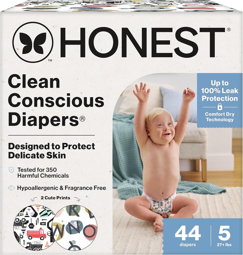 The Honest Company Clean Conscious Diapers for Delicate Skin | Up to 100% Leakproof | Hypoallergenic, Fragrance Free | Gender Neutral | Club Box, Size 5 (27+ lbs), 44 Count (Prints May Vary) (Big Trucks + All the Letters)