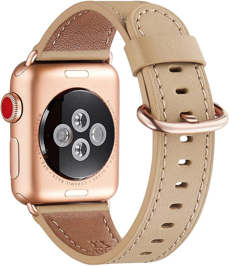 WFEAGL Compatible with Apple Watch Band 41mm 40mm 38mm 42mm(series 11 10) Women, Top Genuine Leather Band for iWatch SE 3 2 1 & Series 11 10 9 8 7 6 5 4 3 2 1 (Camel/Rose Gold)