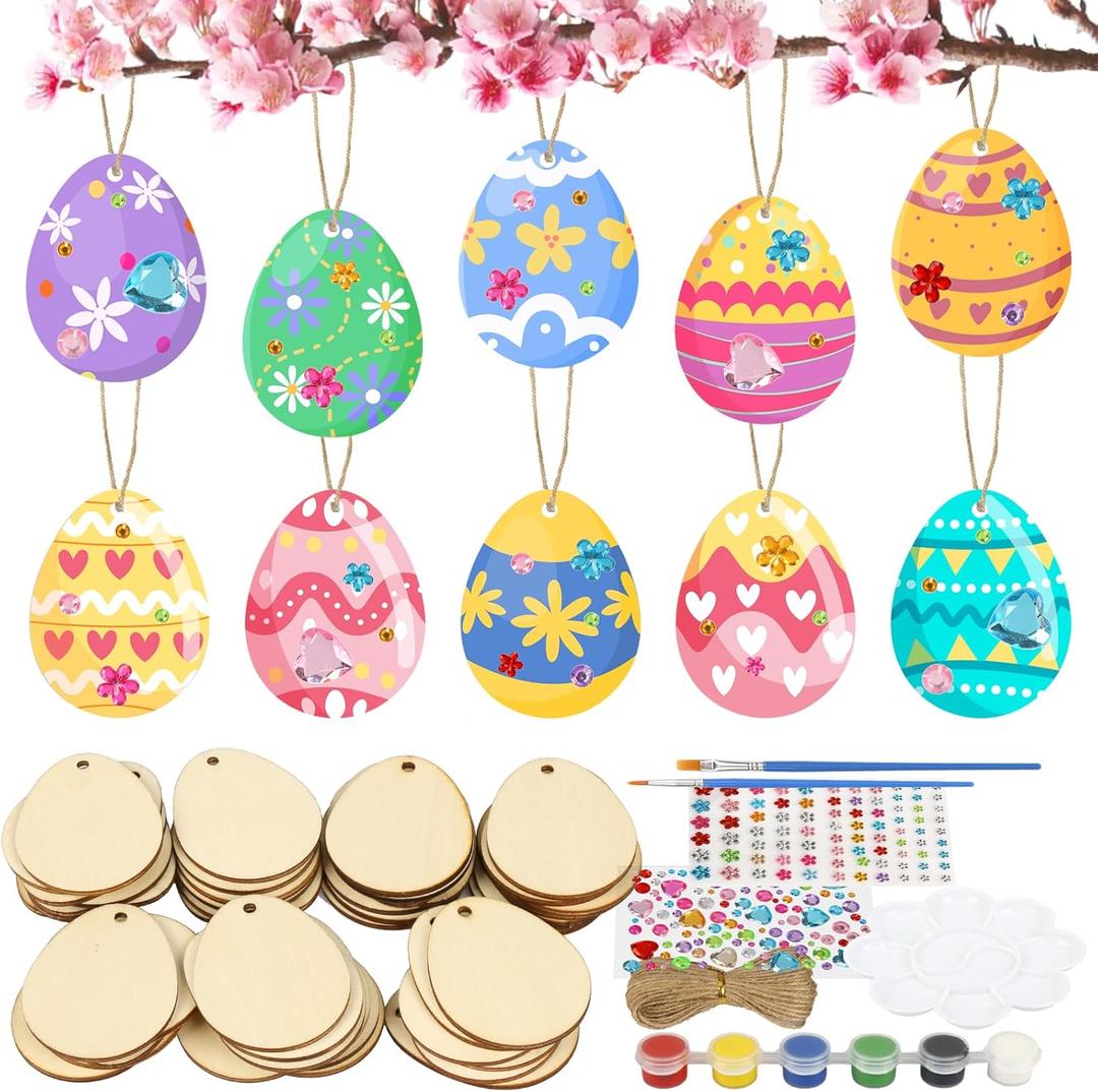 Fennoral 50 Pack Wooden Easter Craft Kit - Make Your Own Easter Egg Hanging Ornaments DIY Art and Craft for Girls & Boys