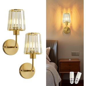 Hardwired Crystal Wall Sconces Set of Two - Dimmable Wall Light Fixtures 3000K, Warm White, for Hallway, Bathroom, Living Room, Bedroom, Brass, 13 Inch