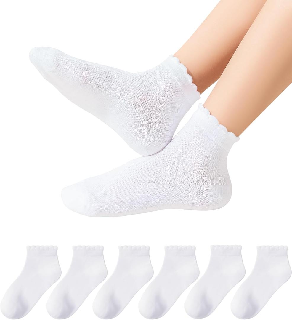 Girls White Ruffle Socks School Uniform Kids Cotton Crew Ankle Cute Frilly Dress Socks 6 Pack (4-6 Years)