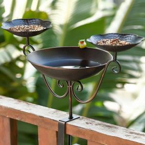 3 in 1 Railing Bird Feeder and Bath Deck Mounted, Detachable Birdbaths for Balcony with Sturdy Metal Clamp for Outdoors Yard Garden Patio