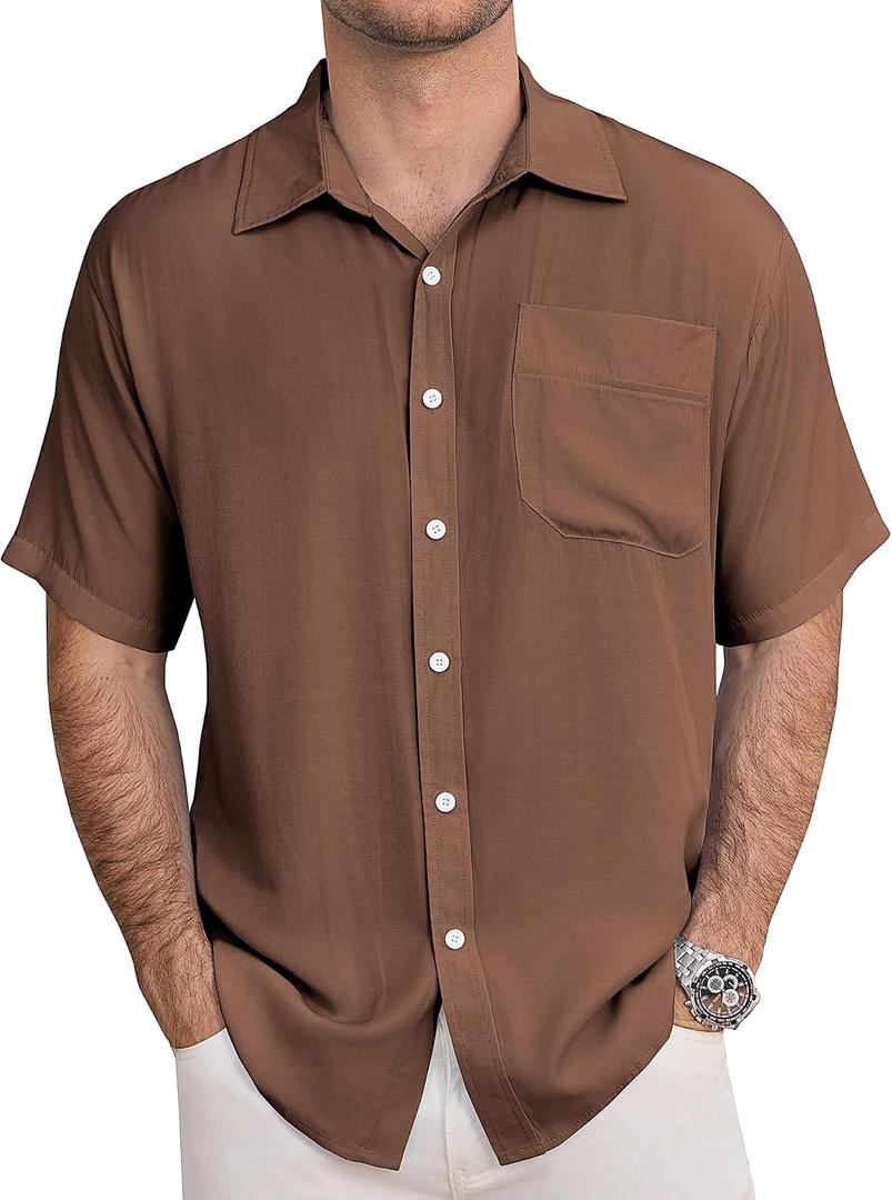 URRU Men's Shirts Casual Short Sleeve Button Down Shirt Summer Dress Shirts Loose Fit Beach Shirts Vacation Tops (Brown, XL)