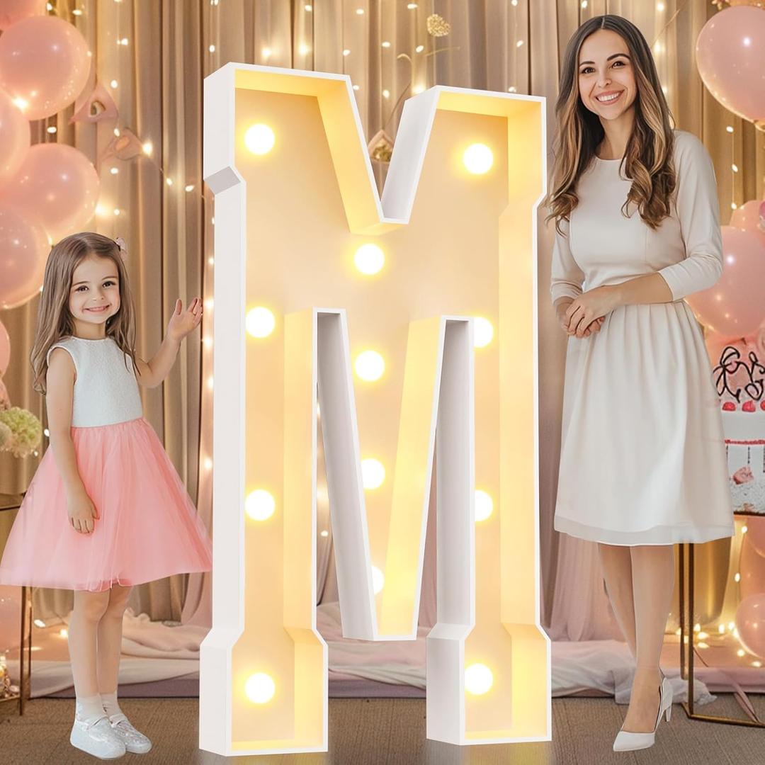 Pooqla 4 FT Marquee Light Up Letters, Marquee Letter Lights 4 Feet Tall, Giant Letter Sign Big Mosaic Letters for Balloons Birthday Party Anniversary Wedding Decorations, Warm White Letter M