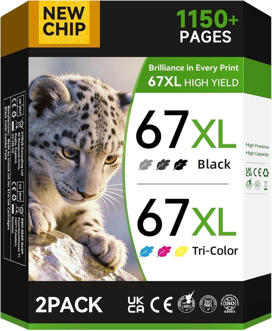 67XL Ink Cartridges Black/Color Combo Pack Compatible for HP Ink 67 67XL Works with HP Deskjet 2800e 2855e 2755e 2700e 2734e 2700 2755 2827e 4155e 4227e 4255e Envy 6000 6055e 6455e Series (2-Pack)