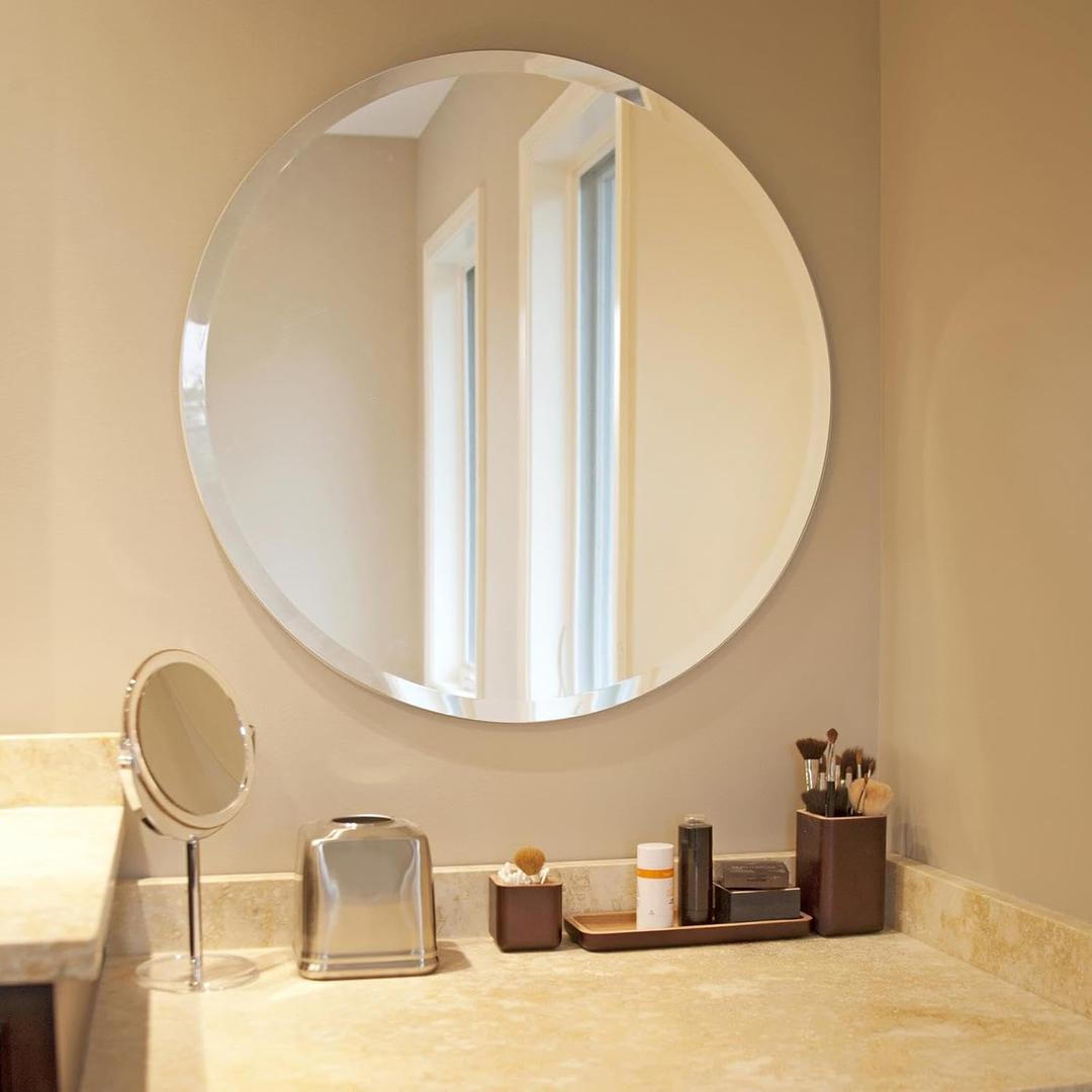 Howard Elliott Collection Frameless Silver Round Large Wall Hanging Mirror, Elegant Beveled Edges Frameless Glass, Modern Accent Decorative Vanity Mirror for Bathroom, Entryway, Bedroom, 28 inch