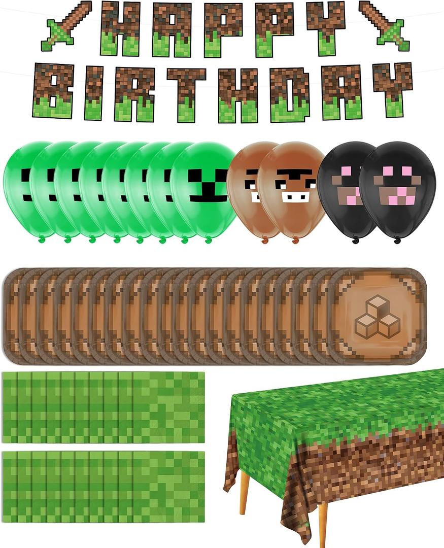 Pixel Party Birthday Decorations - Serves 20 | Miner theme Party Supplies Includes Balloons, Birthday Banner, Plates, Tablecover, Napkins