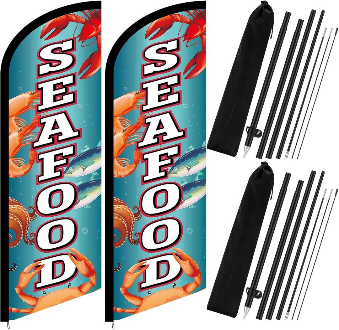 8.2 ft Seafood Advertising Swooper Flag Banners Kit Seafood Feather Flags Sign with Pole and Ground Stake Outdoor Business Advertising for Markets Fishing Wharves Spots Food Festivals Events