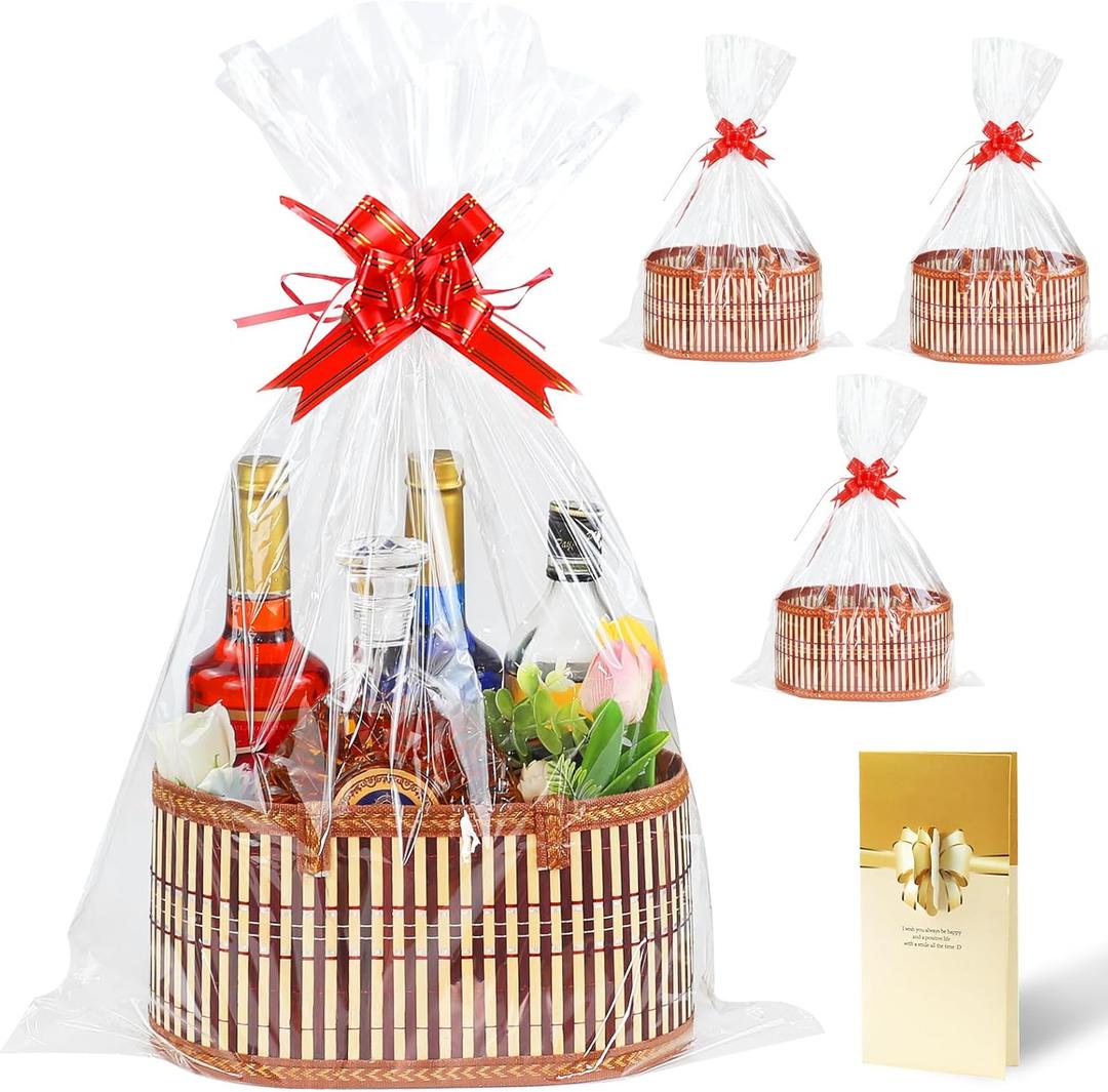 3 Set Baskets for Gifts Empty, Large Woven Bamboo Gift Basket Kit with Handles, Sturdy Empty Gift Baskets to Fill for Christmas, Birthday Party Wrapping Gift -3 Cellophane Wrap Bags,3 Gift Cards