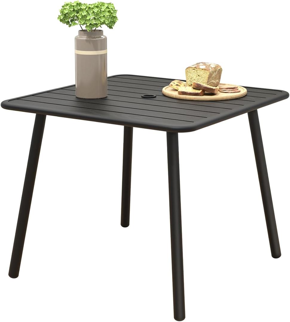 C-Hopetree Square Metal Outdoor Dining Table with Umbrella Hole for Outside Patio, Black (34.6"D x 34.6"W x 28.7"H)