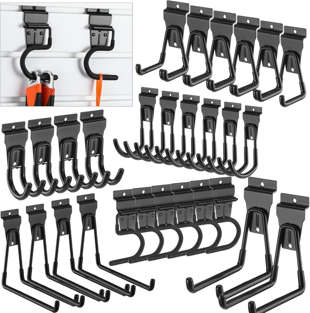 Duraaamo 24 Pack Slatwall Hooks Set, Metal Multi Sizes Heavy Duty Single and Double Slatwall Panel Hanging Hooks and Hangers Accessories for Storage Garage Garden Home, Black