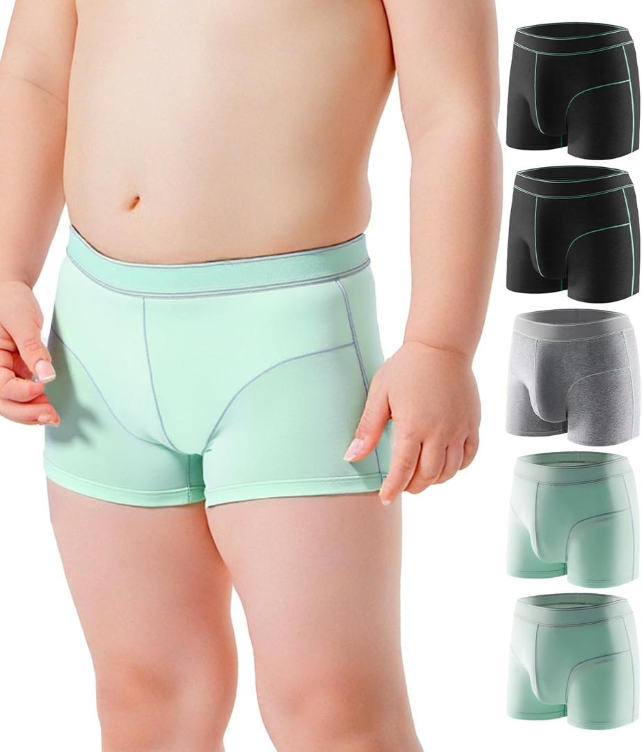 Carer Boys Incontinence Underwear Washable with Front Absorbent 70ML Breathable Cotton Absorbent Underwear for Kids 5 Pack Reusable Waterproof Incontinence Underwear for Boys Age 4-18, Medium (2 Black/Gray/2 Green)