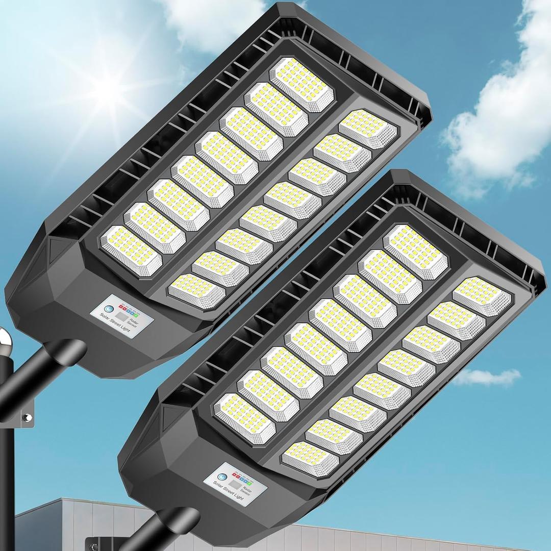 VOOJOY 8000W Solar Street Lights Outdoor, Solar Lights Outdoor Waterproof with Motion Sensor and Remote Control, Parking Lot Light Dusk to Dawn Security Flood Light for Yard, Garden, 2 Pack