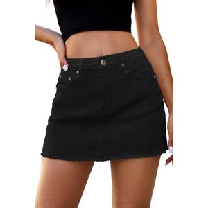 ELLEVEN Denim Skirt Women Mini Low Waist Stretchy Raw Hem Jean Skirt with Pockets (Large, Black)