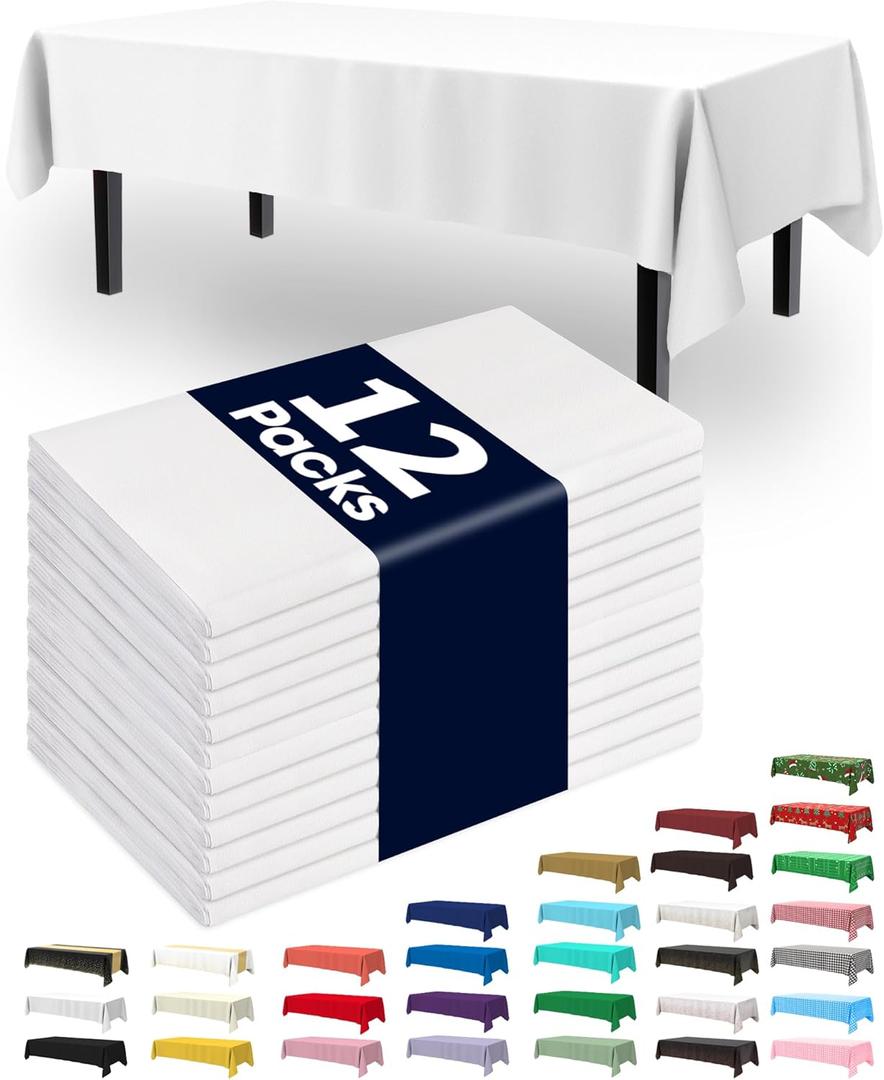 Pureegg Plastic Table Cloth Disposable 12 Pack, 54 x 108 Inch Table Cloths, Party, Picnic, Wedding, Decorative Tablecloths, Rectangle, White Plastic Cover, Leakproof & Sturdy, White