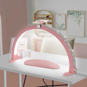 Half Moon Light for Nail Desk with Phone Holder, Adjustable Brightness 2700K-6000K, 45W Rhinestones Arch Light for Nail Techs (Pink)