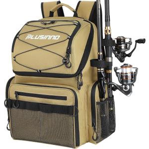 PLUSINNO Cooler Fishing Backpack with Rod Holders 45L Large Water-resistant Fishing Tackle bag Store Fishing Gear Fishing Gifts for Men Father, Sport Bags