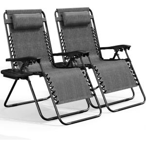 Nestl Zero Gravity Chairs Set of 2, Patio Lounge Chair Outdoor with Pillows & Cup Holder Trays, Adjustable Steel Mesh Reclining Camping Chair, Folding Patio Lawn Chair for Deck, Beach, Yard - Grey