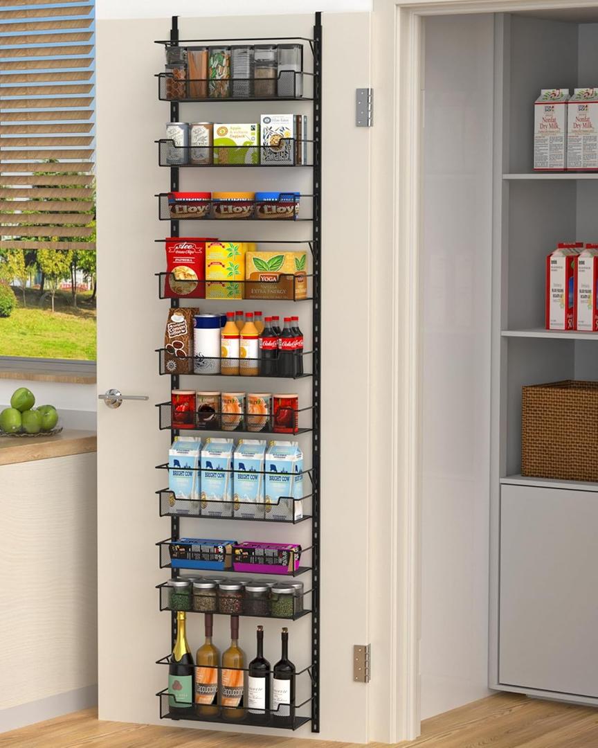 Over the Door Pantry Organizer, 10-Tier Over the Door Organizer with Adjustable Basket, Door Organization for Pantry Kitchen Storage Room Spice Rack, Black