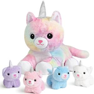 KMUYSL Toys for Ages 0 1 2 3 4 5 6 7 8+ Years - Plush Mommy Stuffed Animal with 4 Babies in Her Tummy, Soft Plush Toys Set, Christmas Birthday Gifts for Girls Boys, Toddler, Kids (Unicorn Cat Toys)
