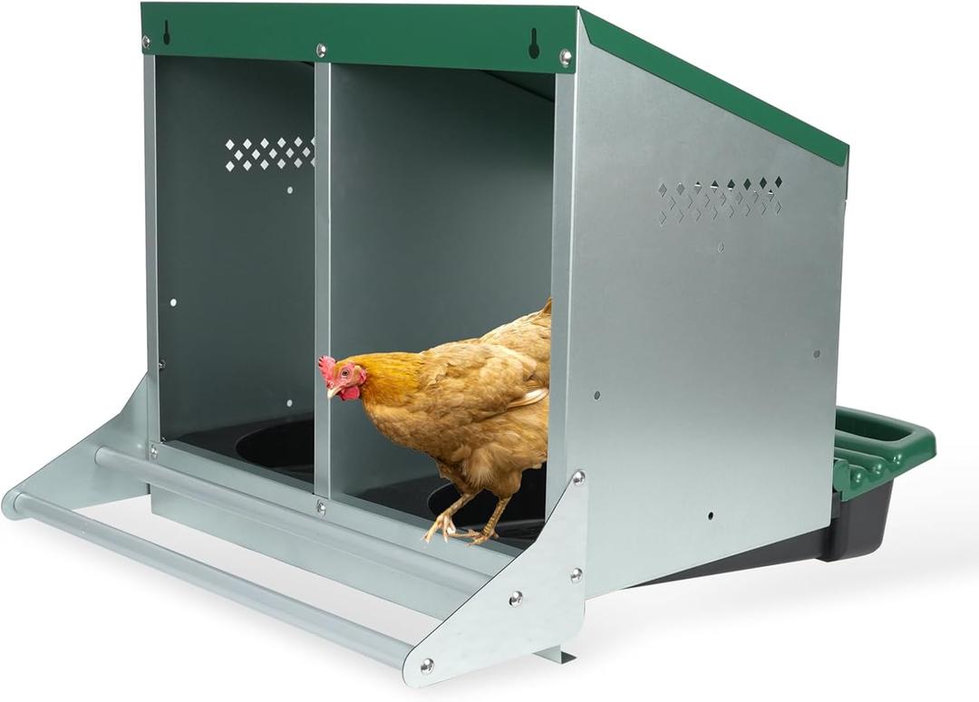 Chicken Nesting Box, 2 Holes Nesting Boxes, Heavy Duty Metal Laying Boxes, Roll Away Nesting Box Egg Collection Tray, with Roosting Pole for Chicken Coop(Green)