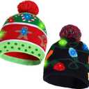 2 Pack Christmas LED Light-up Knitted Beanie Hat Colorful Flashing Holiday Xmas Christmas Party Supplies (One Size Fits More) (Green)