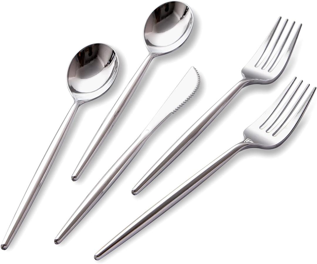 SUT 150Pcs Silver Plastic Silverware, Silver Disposable Cutlery, Heavy Duty Disposable Silverware, Plastic Utensils Include 50 Plastic Forks, 50 Plastic Spoons, 50 Plastic Knives