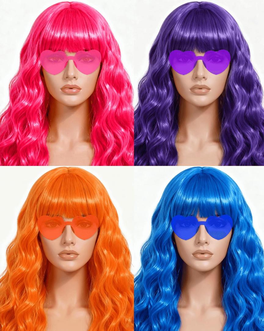 Long Curly Wig with Heart Sunglasses and Hair Cap  Set of 4 | Colorful Colored Party Wigs Funny Costume Hairpieces for Cosplay