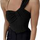 OYOANGLE Women's Textured One Shoulder Going Out Bodysuit Tops Twist Front Ruched Sleeveless Tank Top Body Suits, Medium