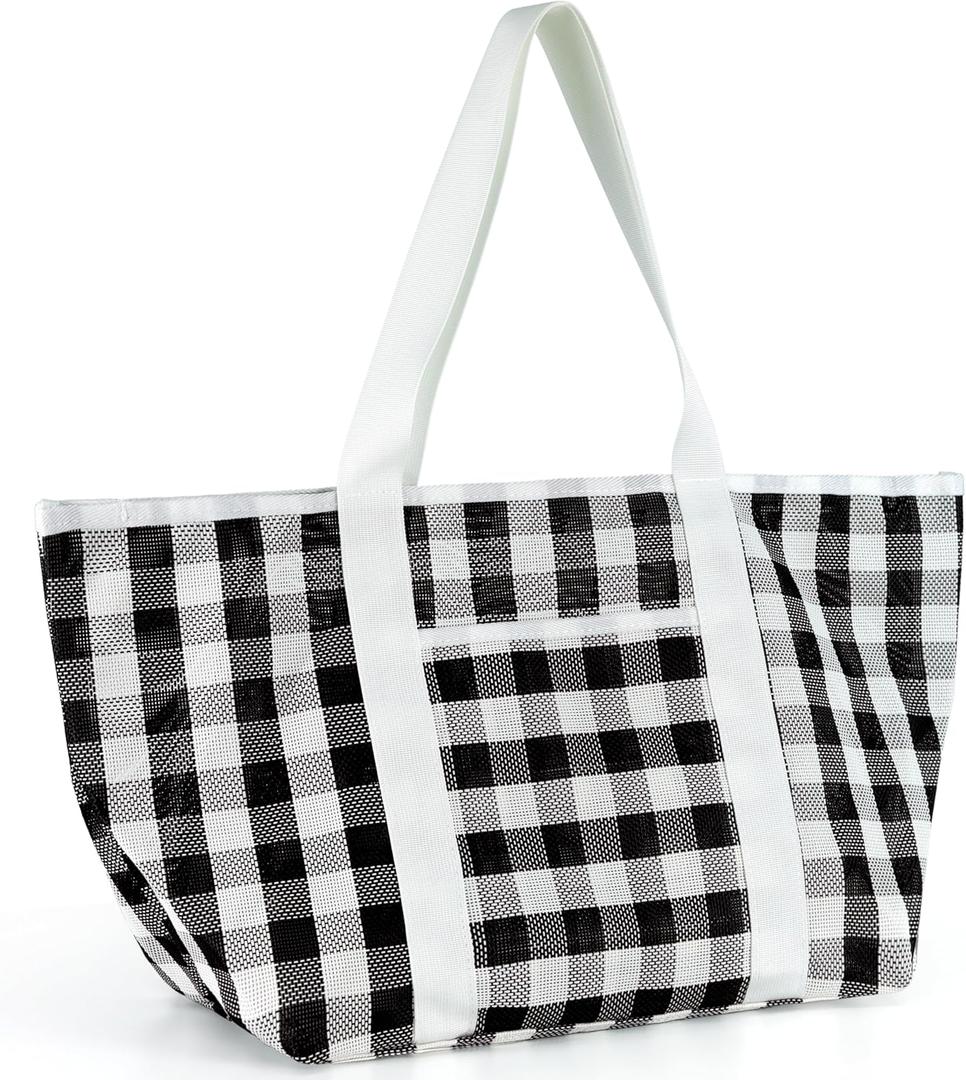 Beach Tote Bag for Women, Lightweight Foldable Waterproof Mesh Pool Bag (Black and White Plaid)