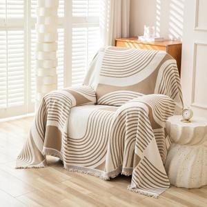 Boho Chenille Couch Cover with Tassels, Bohemian Sofa Cover for 1 Cushion Couch, Armchair, Chair, 1 Seater (71" x 91", Khaki)