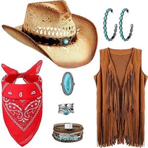 Ecally 7 Pcs Western Cowgirl Outfit Tassels Fringe Vest Bohemian Turquoise Jewelry Kit Cowboy Hat Bandana for Women Cosplay