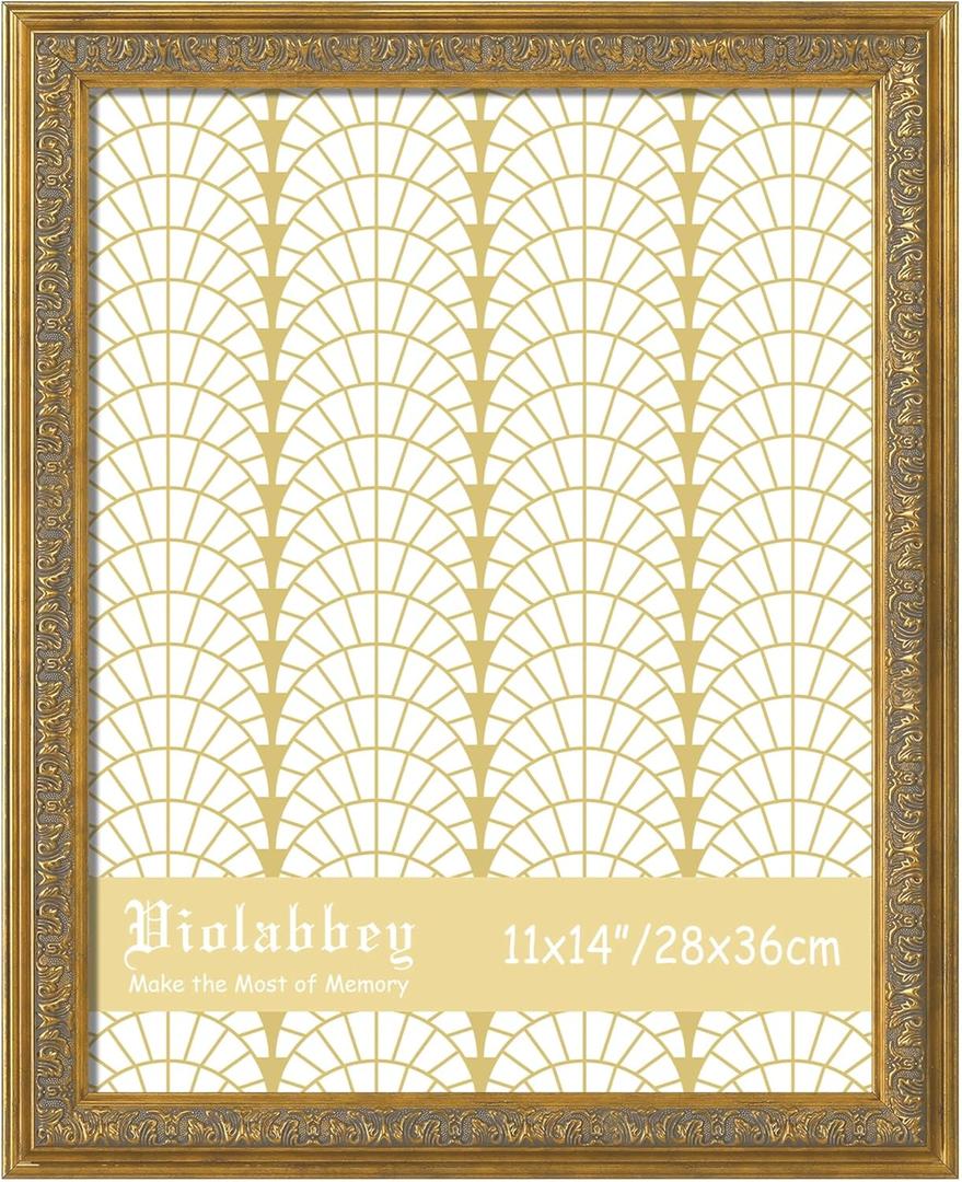 VIOLABBEY 11x14 Picture Frame Gold, Vintage Photo Frames Ornate without Mat for Tabletop or Wall Hanging