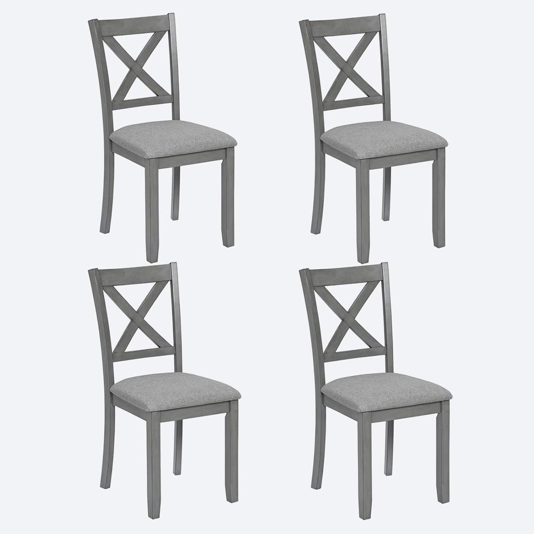 Dining Chairs Set of 4, Heavy Duty Kitchen Chair with Padded Seat & X Shaped Backrest, 4pcs Linen Upholstered Side-Chair for Dining-Room, Solid Wood Frame, Easy Assembly, Gray