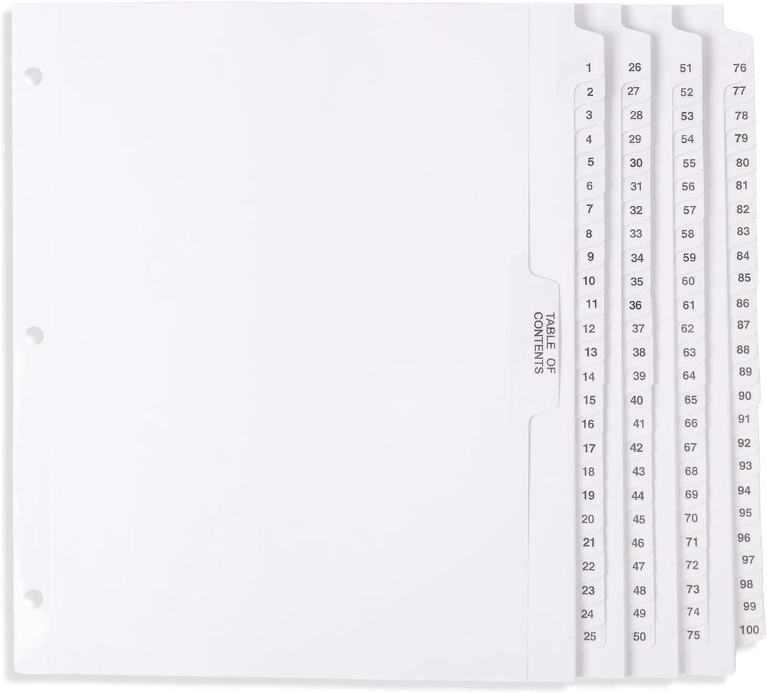 Blue Summit 1-100 Numbered Dividers for 3 Ring Binder, Exhibit Tabs Style Side for Legal Work, Numbered Tabs, 101 Number Dividers