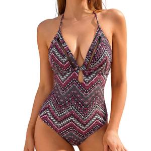 LIZENS Women's Halter Neck Swimsuit One Piece V-Neck Swimwear Ethnic (XS)