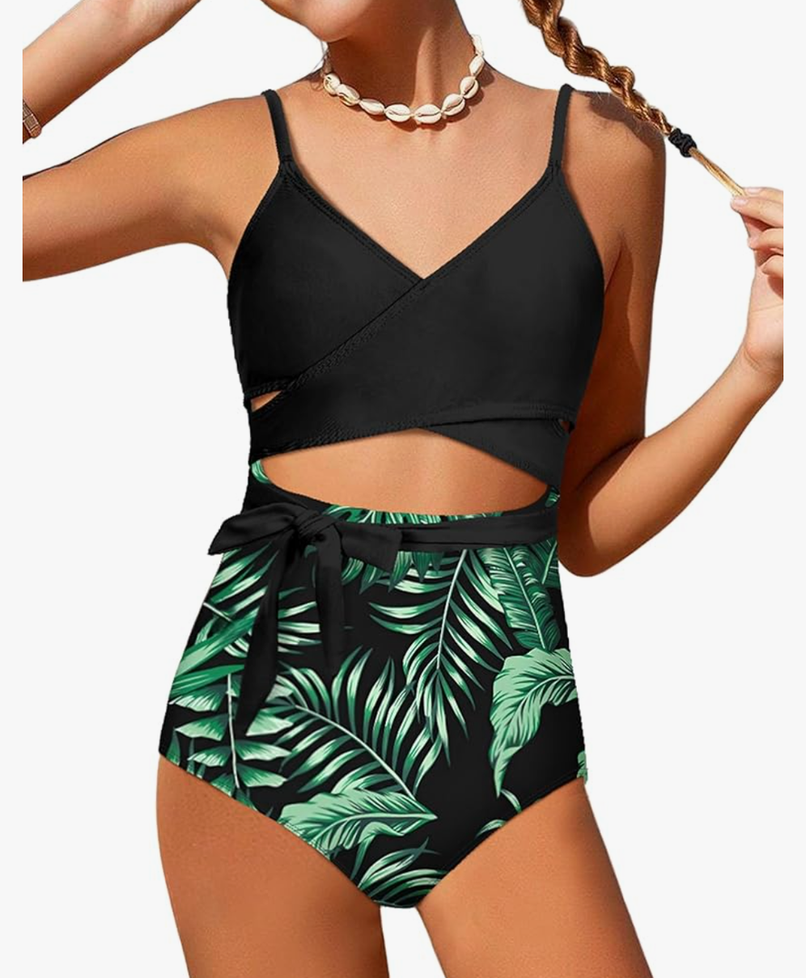 Girls Swimsuit Cutout One-Piece Bathing Suit V-Neck Swimsuits for Teens Cute Swimwear with Drawstring Cover Up 13-14Y