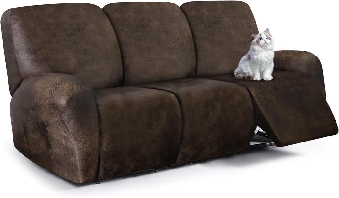 ANARACHON Leather Look Recliner Couch Cover, 8-Pieces Stretch Recliner Sofa Covers, Soft Reclining Slipcover, Washable Furniture Protector for Pets (3 Seater, Brown)