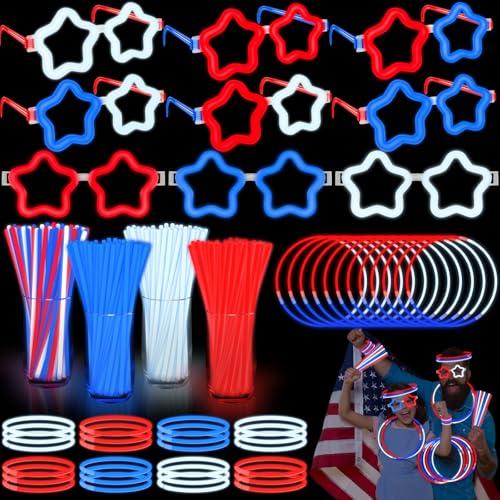 4th of July Glow Sticks Bracelets Necklaces with Connectors, 6 Red White Blue Glasses Glow in The Dark Party Supplies, Light Up Party Favors for Kids Adults, 250th Anniversary USA Accessories