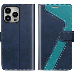 for iPhone 16 Pro Wallet Case,PU Leather Flip Case RFID Blocking Credit Card Holder Folio Magnetic Stand TPU Shockproof Cover Compatible with iPhone 16 Pro, Blue Green