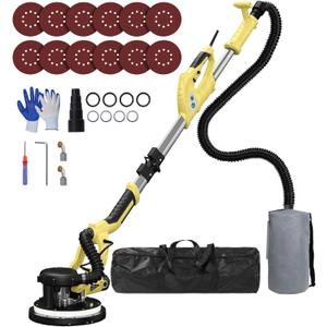 Drywall Sander, 2025 Upgraded 8-Amp Popcorn Ceiling Removal Tool with 7 Variable Speed 800-1800RPM, Drywall Sander with Vacuum Dust Collector with Extendable Handle, LED Light, 12pcs Sanding Discs (Yellow)