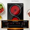 VEVOR Electric Cooktop 12inch 2 Burners Portable Stove Top, Ceramic Radiant Stove Countertop & Built-in, 9 Power Levels, Timer, Child Lock, Touch&Integrated Control, Single Ring, Standard, 110V 1800W