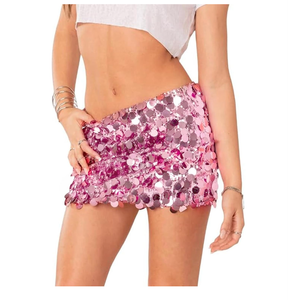 ANKOMINA Women's Sexy Shiny Sequin Mini Skirt Glitter Low Waist Pencil Skirts Bodycon Dance Party Club Short Skirt Large, PInk 