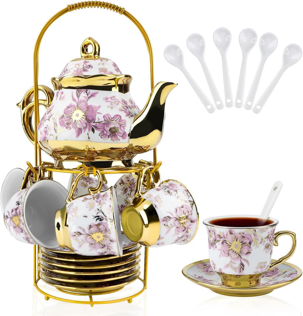 20 Pcs Porcelain Tea Set with Metal Holder, European Ceramic Tea Set for Adults, Adult Tea Set Gift, Flower Tea Cup Saucer Set for Party With Gold Flower Painting (Elegant Purple)