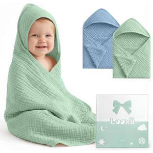 Looxii Baby Bath Towels 2 Pack Muslin Hooded Baby Towels for Newborn and Infants, 100% Cotton, Large 32x32Inch, Soft and Absorbent Blue+Green