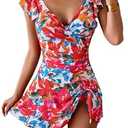 Aidonger One Piece Swimdress Tummy Control Ruffle Swimsuit for Women Tie Knot Swim Dresses V Neck Bathing Suit Skirt, Size XL