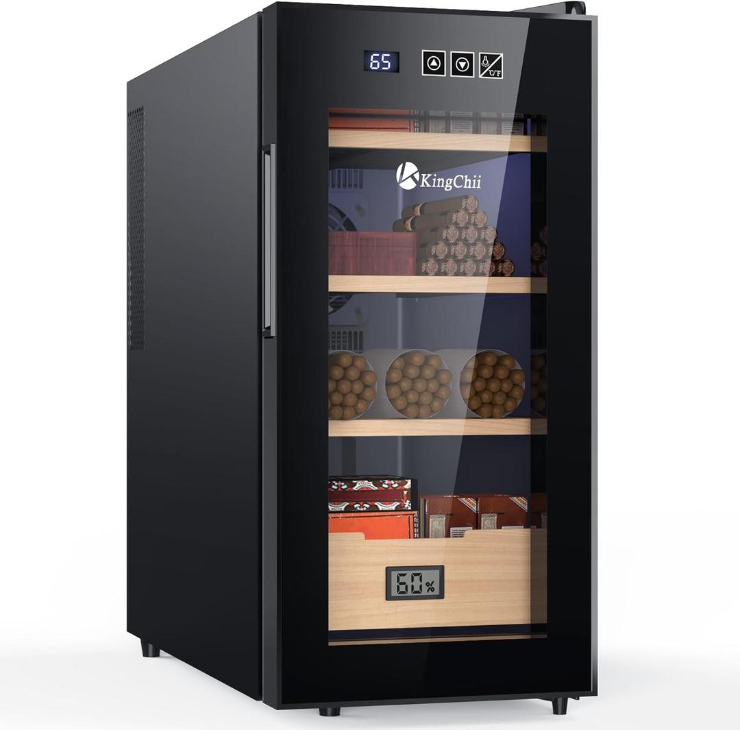 KingChii 26L Electric Cigar Humidors with Temperature Control System, Cigar Cabinet with Spanish Cedar Wood Shelves & Hygrometer, Father's Day Gifts for Men (4 Layers 200 Capacity) (Black)