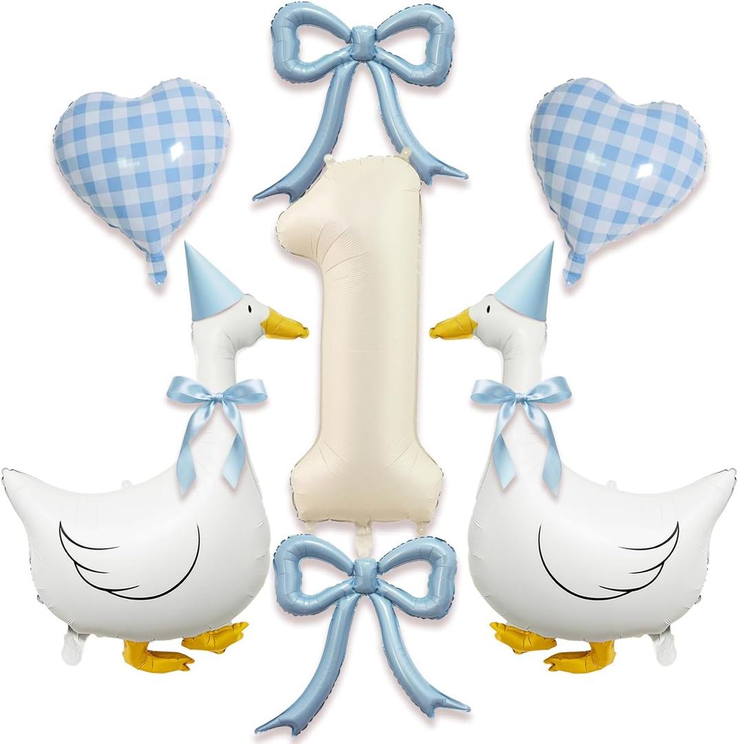One Silly Goose 1st Birthday Decorations Boy  40 Inch Number 1 Balloon, Goose Balloons with Blue Bow & Hats, Cute Baby Boy Girl First Birthday Party Supplies