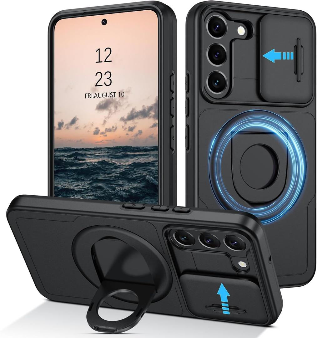 DUEDUE for Samsung Galaxy S22 Case Magnetic[Compatible with Magsafe], Built-in Slide Camera Cover Shockproof Heavy Duty Protective Kickstand Phone Case for Samsung S22 6.1", Black