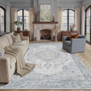 8x10 Blue Washable Area Rug for Living Room Bedroom Vintage Floral Distressed Non Slip Low Pile Rug Lightweight Traditional Carpet Dining Room Office Classroom Playroom Indoor